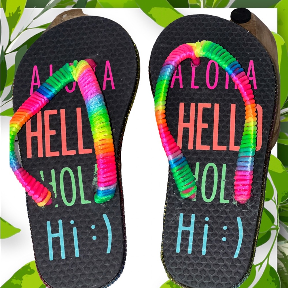 Childrens Flip Flops Sz 10/11 | Hawaiian Neon Crystal Sandals| Kids Shoes| Hello